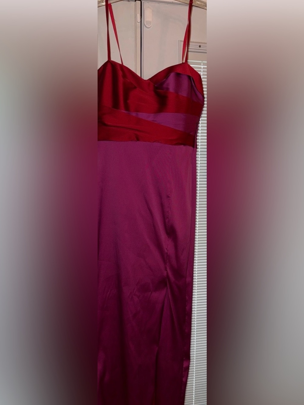 Marchese Notte 2-Tone Fuchsia and Red Satin Maxi Dress with adjustable straps. - Picture 2 of 2